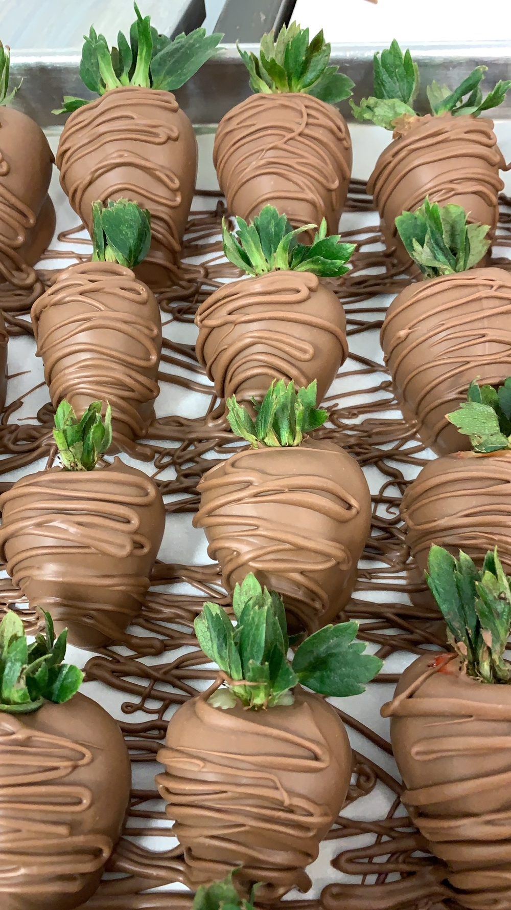 Fresh strawberries hand-dipped in milk chocolate with a chocolate drizzle