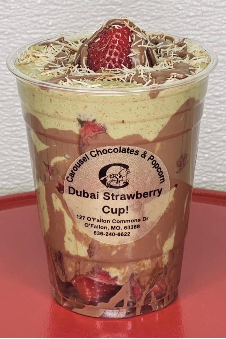 Dubai Strawberry Cup with chocolate, pistachio butter, fresh strawberries, and toasted kataifi