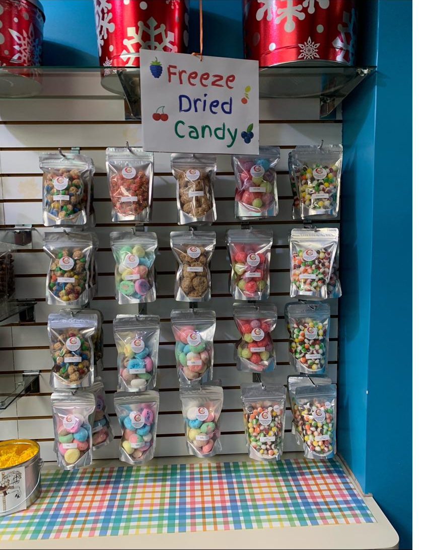 Wall display of freeze-dried candy varieties
